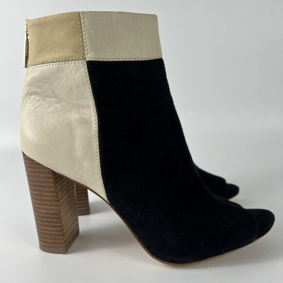 Louise et Cie Color Block Leather Ankle Boots Sz 10 Black Ivory Tan‎ Open Toe 4” - Picture 1 of 16